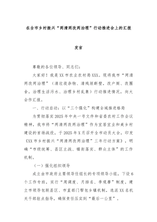 在全市乡村振兴“两清两改两治理”行动推进会上的汇报发言