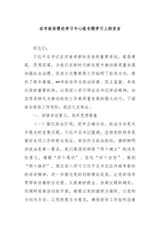 在市政协理论学习中心组专题学习上的发言