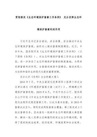 贯彻落实《生态环境保护督察工作条例》 充分发挥生态环境保护督察利剑作用