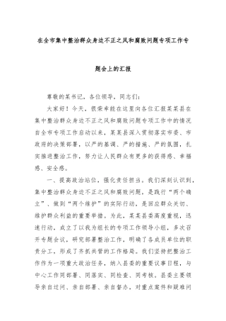 在全市集中整治群众身边不正之风和腐败问题专项工作专题会上的汇报