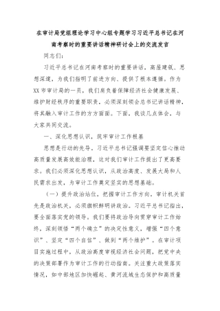 在审计局党组理论学习中心组专题学习习近平总书记在河南考察时的重要讲话精神研讨会上的交流发言