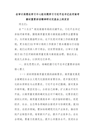 在审计局理论学习中心组专题学习习近平总书记在河南考察时重要讲话精神研讨交流会上的发言