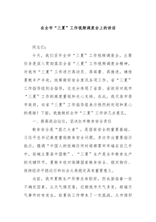 在全市“三夏”工作视频调度会上的讲话