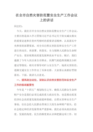 在全市自然灾害防范暨安全生产工作会议上的讲话