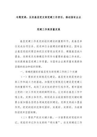 专题党课：压实基层党支部党建工作责任，推动国有企业党建工作高质量发展