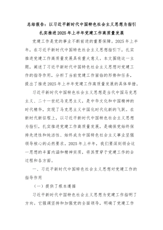 总结报告：以习近平新时代中国特色社会主义思想为指引扎实推进2025年上半年党建工作高质量发展