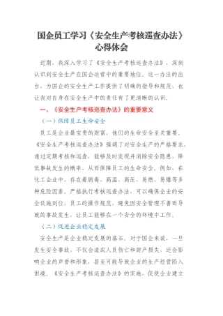 国企员工学习《安全生产考核巡查办法》心得体会