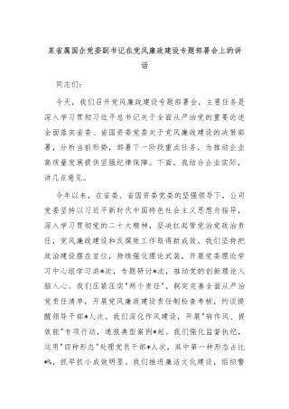 某省属国企党委副书记在党风廉政建设专题部署会上的讲话