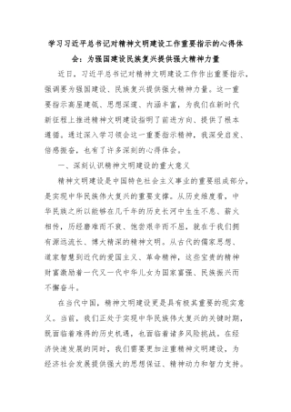 学习习近平总书记对精神文明建设工作重要指示的心得体会：为强国建设民族复兴提供强大精神力量