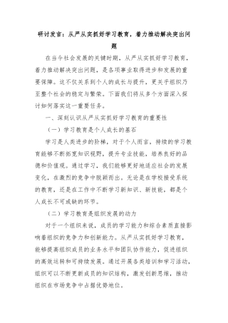 研讨发言：从严从实抓好学习教育，着力推动解决突出问题