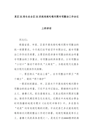 某区XX局长在全区XX系统违规吃喝问题专项整治工作会议上的讲话