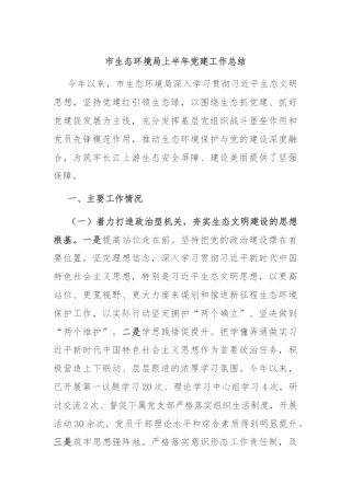 市生态环境局上半年党建工作总结