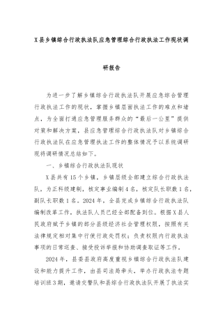 X县乡镇综合行政执法队应急管理综合行政执法工作现状调研报告