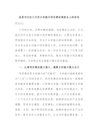 县委书记在六月份乡村振兴项目建设调度会上的讲话