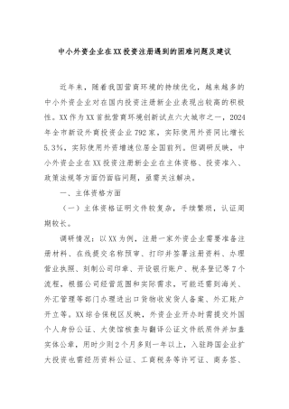 中小外资企业在XX投资注册遇到的困难问题及建议