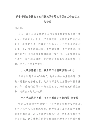 党委书记在全镇农田水利设施夏修暨抗旱保苗工作会议上的讲话