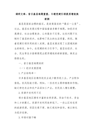 调研文章：昔日基层难题重重，今朝党建引领提质增效焕新颜