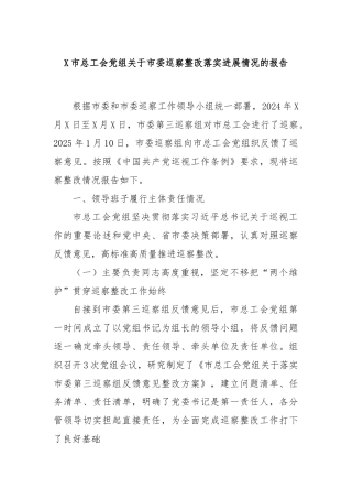 X市总工会党组关于市委巡察整改落实进展情况的报告