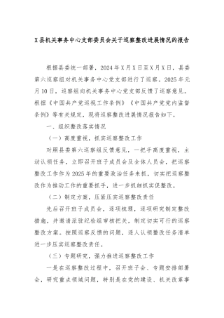 X县机关事务中心支部委员会关于巡察整改进展情况的报告
