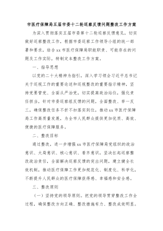 市医疗保障局五届市委十二轮巡察反馈问题整改工作方案