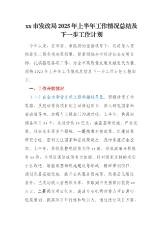 xx市发改局2025年上半年工作情况总结及下一步工作计划