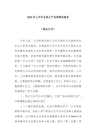 2025年上半年全面从严治党情况报告（国企公司）
