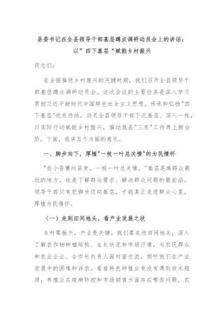 县委书记在全县领导干部基层蹲点调研动员会上的讲话：以”四下基层“赋能乡村振兴