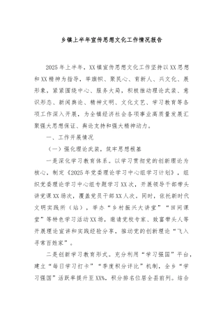 乡镇上半年宣传思想文化工作情况报告