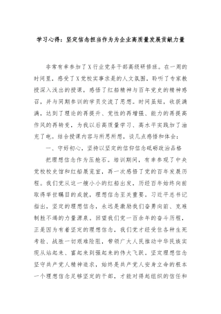 学习心得：坚定信念担当作为为企业高质量发展贡献力量