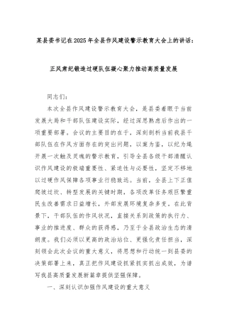 某县委书记在2025年全县作风建设警示教育大会上的讲话：正风肃纪锻造过硬队伍凝心聚力推动高质量发展