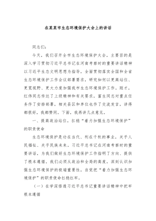 在某某市生态环境保护大会上的讲话
