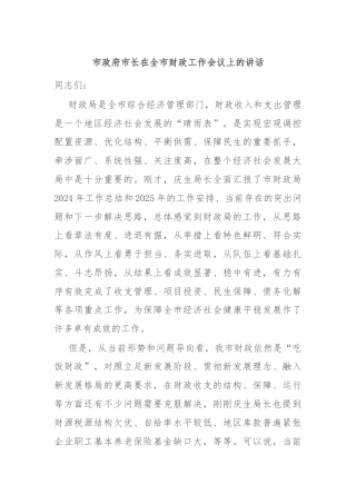 市政府市长在全市财政工作会议上的讲话