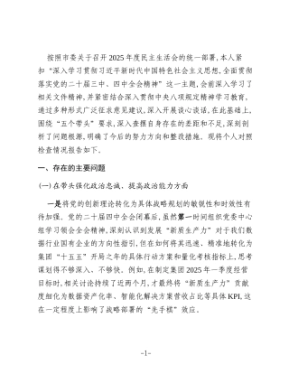 XX市大数据集团有限公司党委书记2025年度民主生活会个人对照检查材料(五个带头)