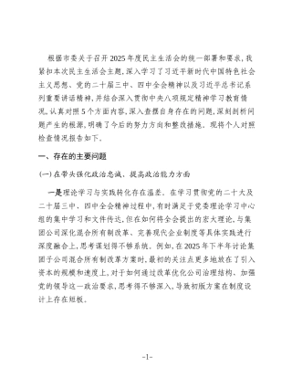XX市投资(集团)有限责任公司党委书记2025年度民主生活会个人对照检查材料(五个带头)